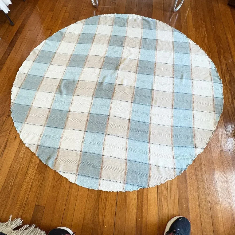 Vintage Blue Cream Plaid Round Tablecloth 64 Inch